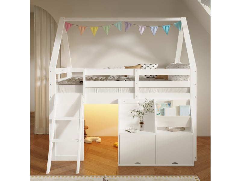  Lit mezzanine 140 × 200 cm avec escalier, led, deux coffres à couvercle et poches de rangement, chambre enfant, blanc  - Conforama D