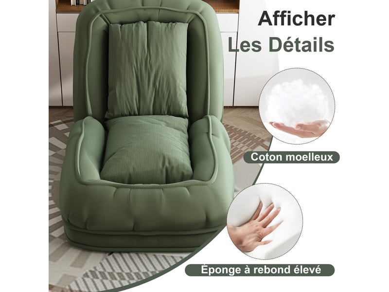 Canapé-lit ergonomique pliable vert, réglable 5 positions avec 2 coussins - Conforama D