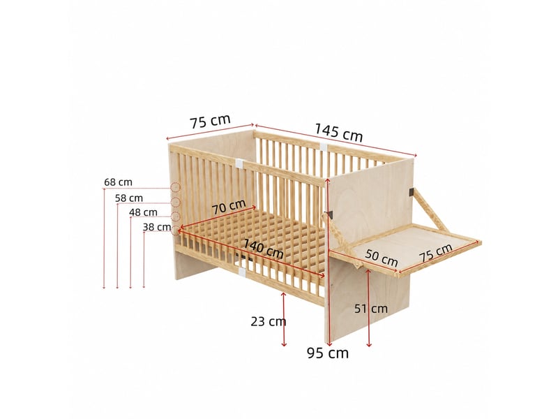  Lit bébé 140 × 70 cm avec table à langer latérale rabattable, sommier réglable sur 4 hauteurs, en bois de pin naturel  - Conforama C