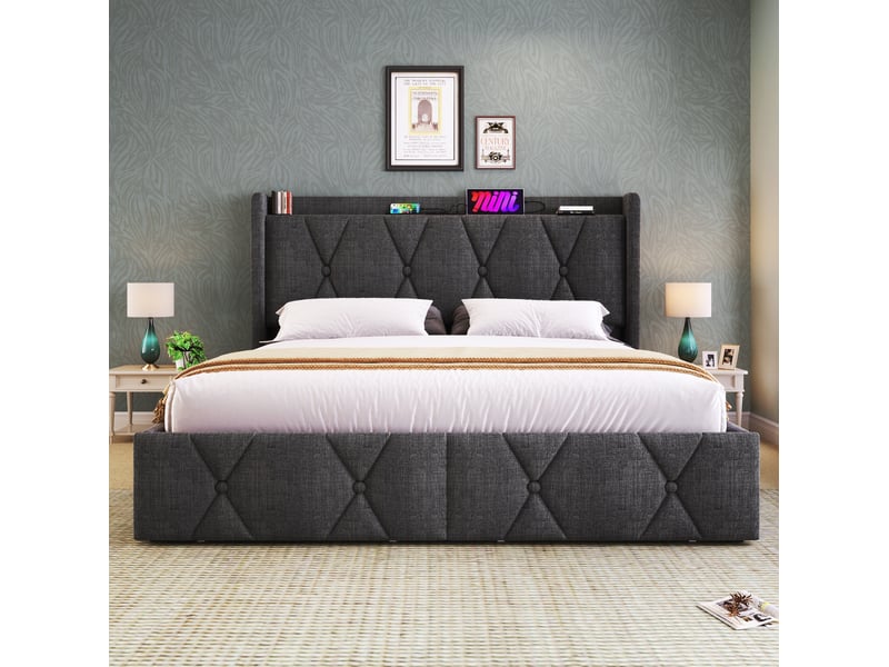  Lit 2 places 160x200 cm, sans matelas, lin gris, port usb, sommier à lattes, tête de lit, doté de 4 tiroirs  - Conforama D