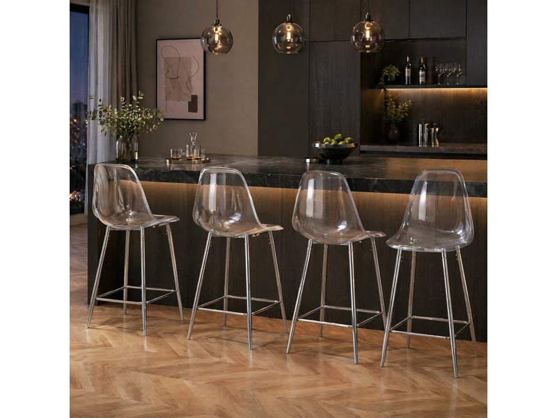  Tabouret de bar transparent avec repose-pieds et structure métallique, style moderne, en plastique, argent  - Conforama C