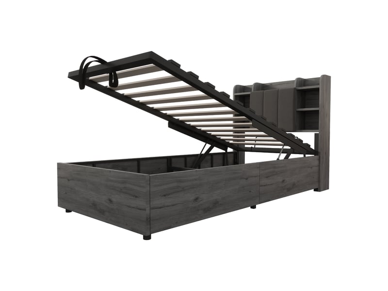  Lit simple hydraulique avec rangement, bois gris, 90x200 cm, tête de lit avec usb et type-c  - Conforama D