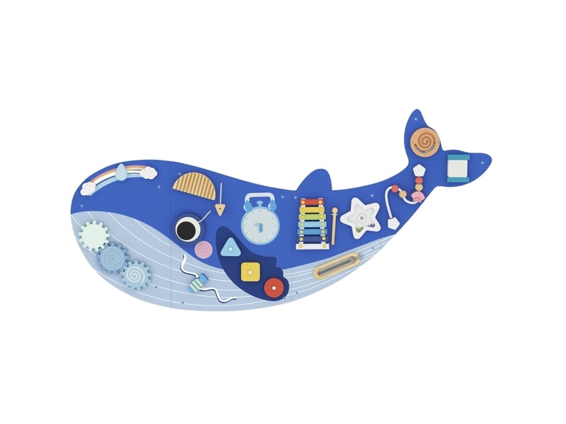Tableau d'activités montessori 13-en-1 120x55,5 cm mdf bleu, busy board mural avec xylophone et horloge - Conforama A
