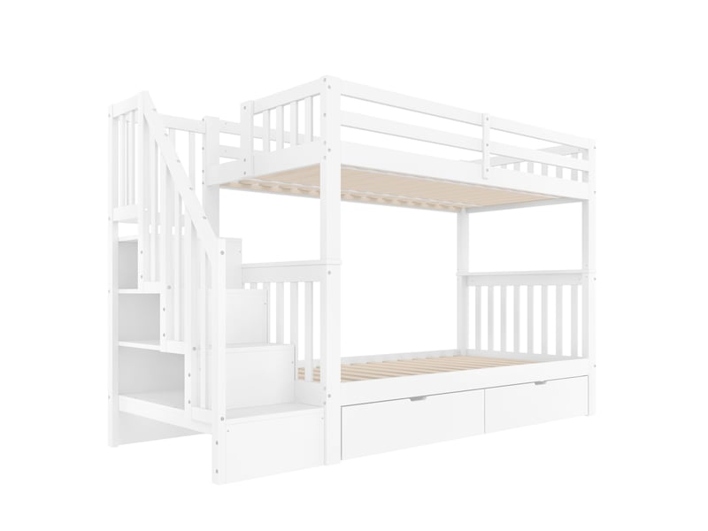  Lit superposé enfant 200×90 cm avec escalier de rangement, 2 tiroirs et garde-corps hauts, en pin et mdf blanc  - Conforama E