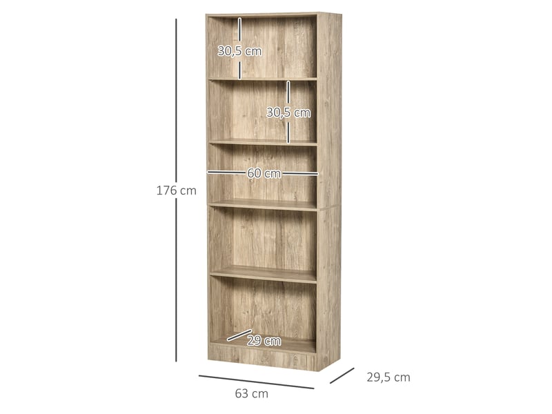  Bibliothèque à 5 niveaux avec 3 étagères réglables anti-basculement, rangement pour salon, bureau, bibliothèque, 63 x 29,5 x 176 cm, bois naturel  - Conforama E