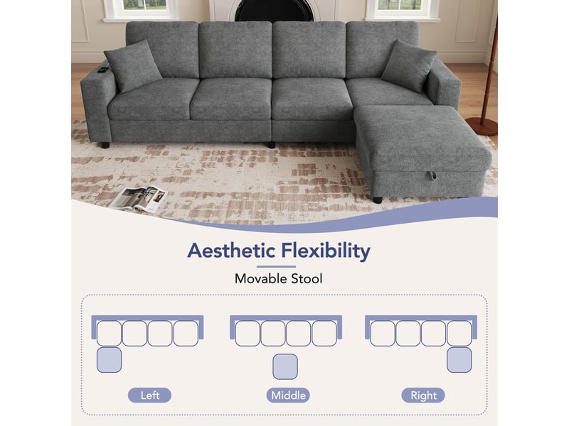 Canapé d'angle 4 places modulable avec pouf coffre, accoudoir led, ports usb et type c, en polyester gris, 282 × 153 × 82 cm - Conforama E