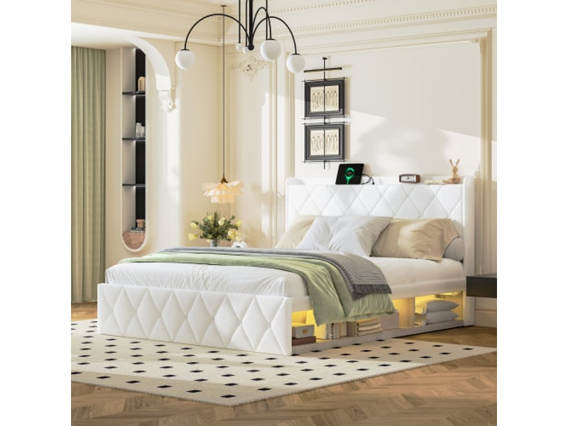 Lit capitonné 160x200 cm, peluche blanche, usb intégré, led latérales, 6 tiroirs - Conforama B