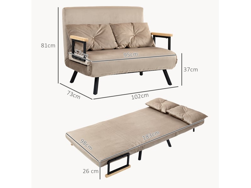  Canapé convertible 2 places avec dossier réglable 5 positions, coussins et pieds antidérapants en velours et acier marron clair  - Conforama C