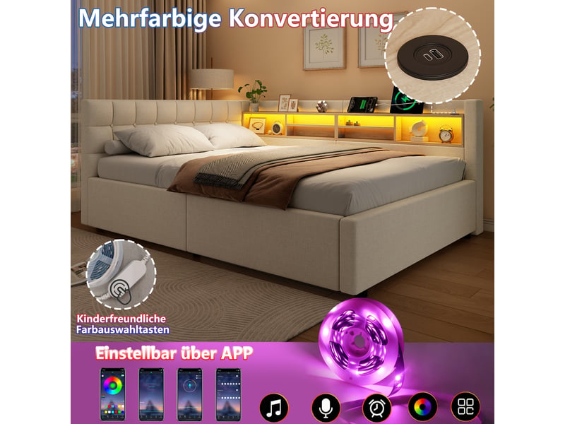  Lit banquette 140x200cm beige, relevage hydraulique, led réglable, étagère pratique, port usb, sans matelas  - Conforama D