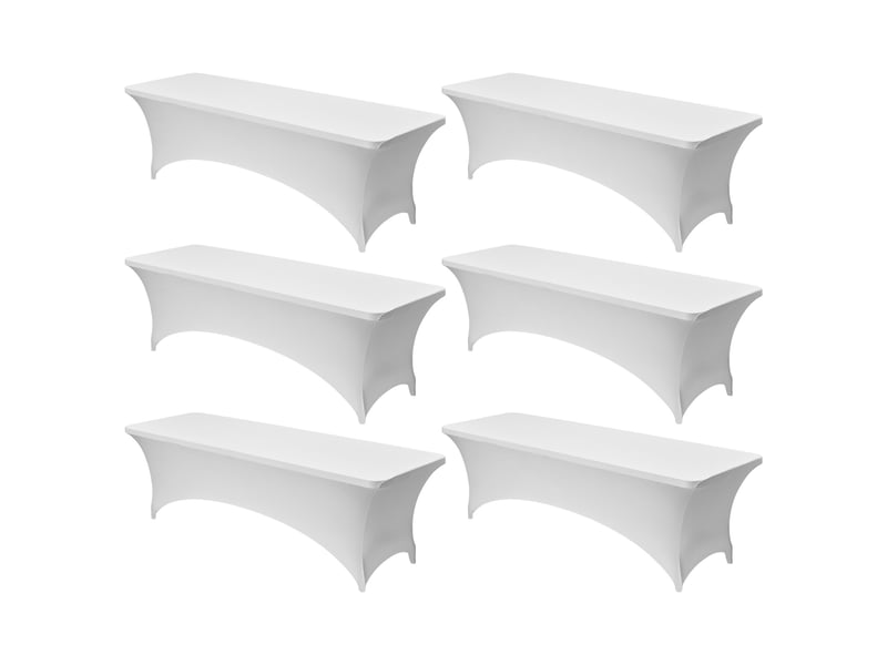  Vevor nappe extensible rectangulaire 244 x 76 x 76 cm, couverture de table infroissable en polyester et elasthanne, lot de 6, lavable en machine, pour fete, mariage, cocktail, banquet, festival, blanc  - Conforama A