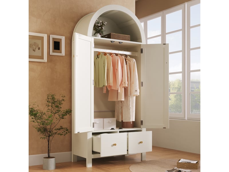  Armoire penderie 181x78x45 cm avec portes en cannage rotin, design arqué, 2 tiroirs et tringle à vêtements, style campagne blanc  - Conforama C