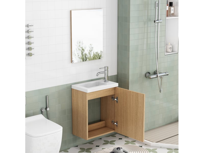  Meuble sous vasque mural en mdf bois clair avec lavabo en céramique et miroir, porte amortie, idéal pour salle de bains  - Conforama E