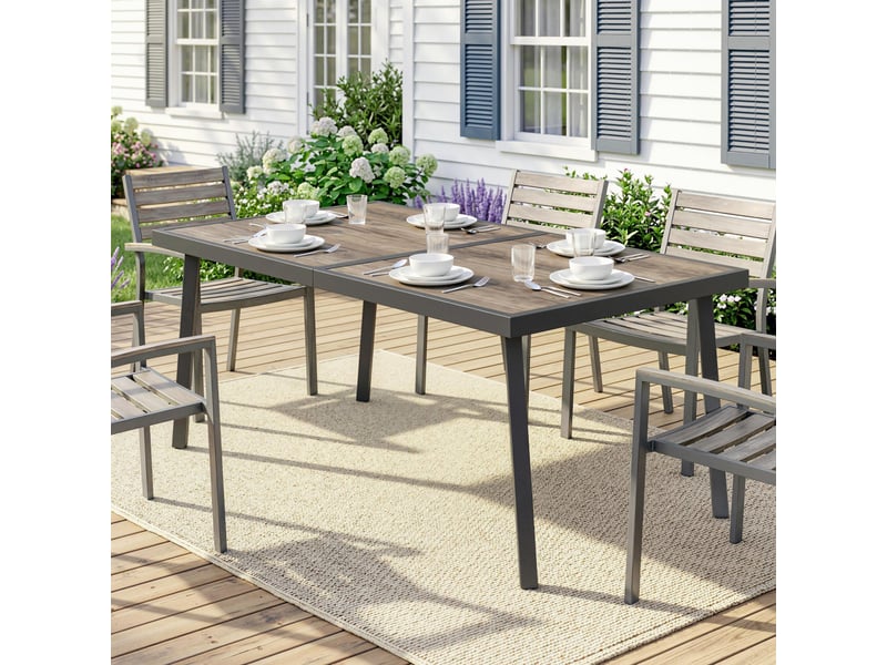  Table de jardin rectangulaire pour 6 personnes avec plateau effet bois, en acier et pspc, 145 x 85 x 72 cm, grise  - Conforama D