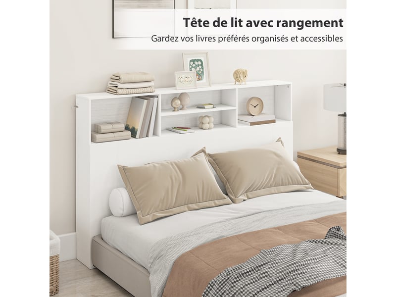  Tête de lit sur pied avec rangements, accessoire de lit 4 compartiments ouverts, 160 x 20,2 x 108,2 cm, blanc  - Conforama D