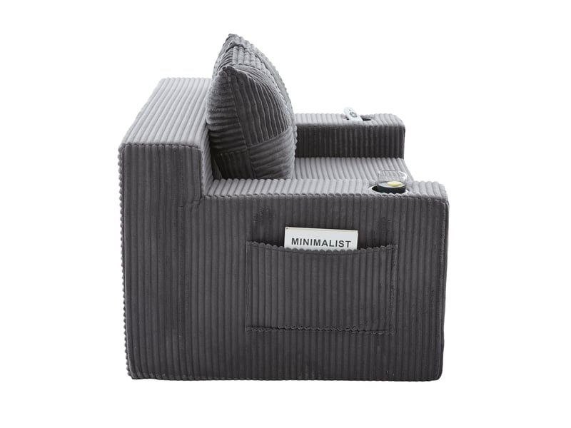  Canapé 2 places noir en velours côtelé avec pouf, 2 coussins, porte-gobelet et rangement latéral  - Conforama E