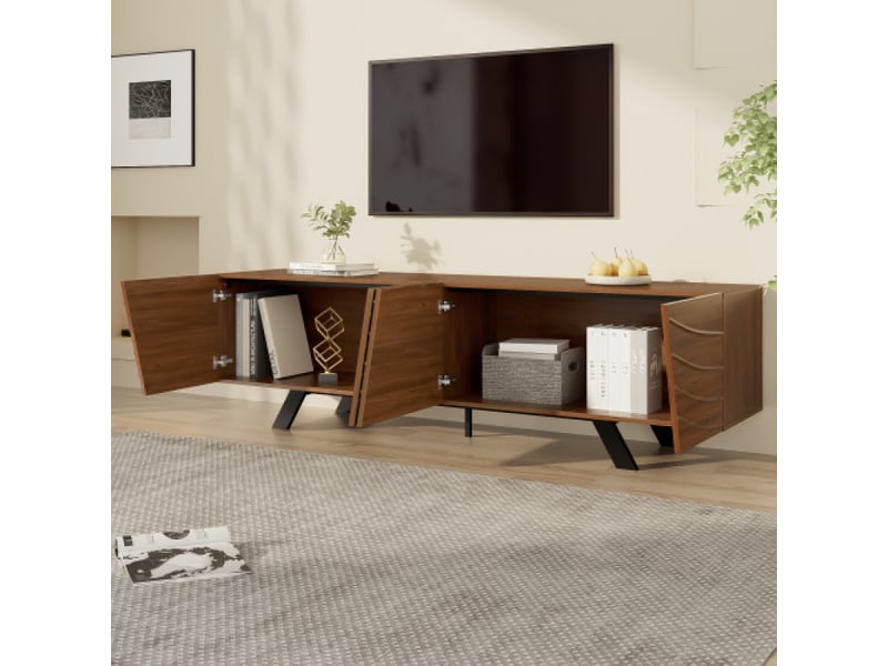  Meuble de tv 160cm,design moderne style noyer avec façade ondulée, pieds en fer noir, grand espace de rangement  - Conforama D