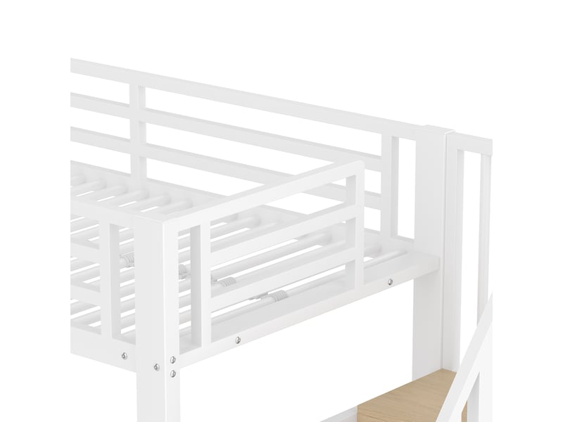 Lit mezzanine enfant 200×90 cm avec rangements, escalier intégré et led, sans matelas, en métal et mdf blanc - Conforama E