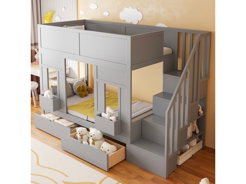  Lit mezzanine - lit enfant 90x200 cm avec escalier rangement et 2 tiroirs, bois gris, sans matelas  - Conforama W