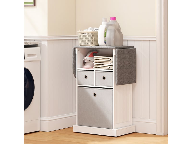  Meuble de rangement pour table à repasser à roulettes, table à repasser pliable, 3 tiroirs en tissu, 121 x 37 x 89,5 cm, blanc  - Conforama D