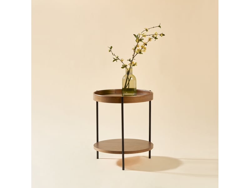  Table d'appoint ronde ulevr à 2 niveaux avec plateaux, ø44 x h48 cm, bois et mdf, structure en fer noir, noyer  - Conforama B