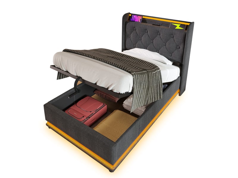  Modenvie lit coffre 90x200 cm - led 360, usb et usb c, avec matelas - rangement intégré - gris  - Conforama A