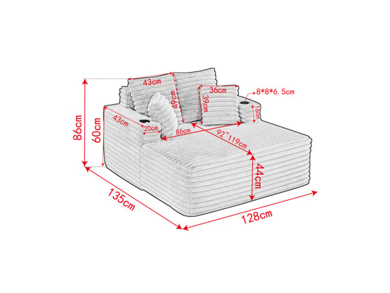  Chaise longue surdimensionnée en fausse fourrure, canapé de repos 2 places avec porte-gobelets intégrés, sans montage  - Conforama E