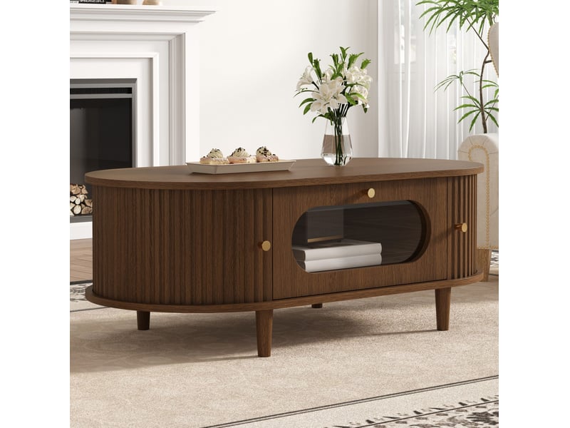  Table basse tcqpz 100 x 50 x 36 cm avec 1 tiroir et rangements à portes roulantes effet noyer mdf  - Conforama E