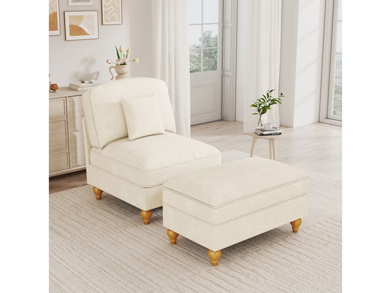  Fauteuil avec pouf lounge avec housse à volants amovible, coussin mobile et assise profonde, en chenille blanc  - Conforama B
