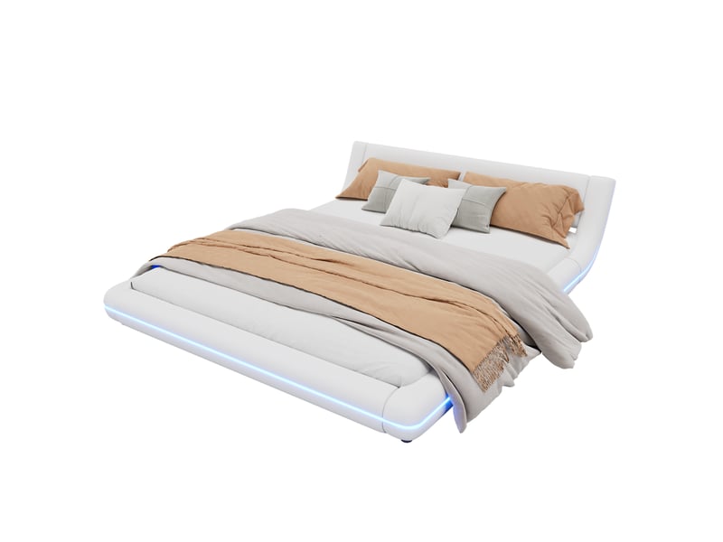  Lit adulte 160x200cm,lit double,lit au sol en pu et mdf avec lumière led et télécommande 24 touches,blanc lit adulte blanc - Conforama A