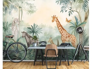 Papier peint panoramique intissé animaux jungle vert - 350x250 cm - papier peint enfant