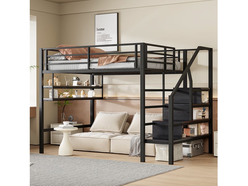  Modenvie lit mezzanine enfant 140x200 cm - avec étagères et escalier de rangement, sans matelas - noir  - Conforama B