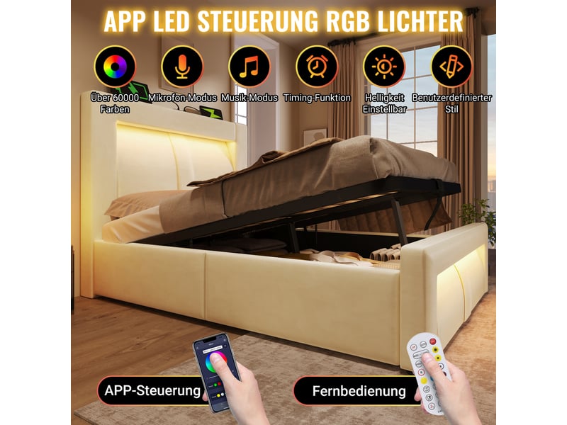  Lit coffre, lit enfant 90x200 cm, rangement hydraulique, led, usbusb-c, tête de lit incurvée, matelas inclus, velours beige  - Conforama D