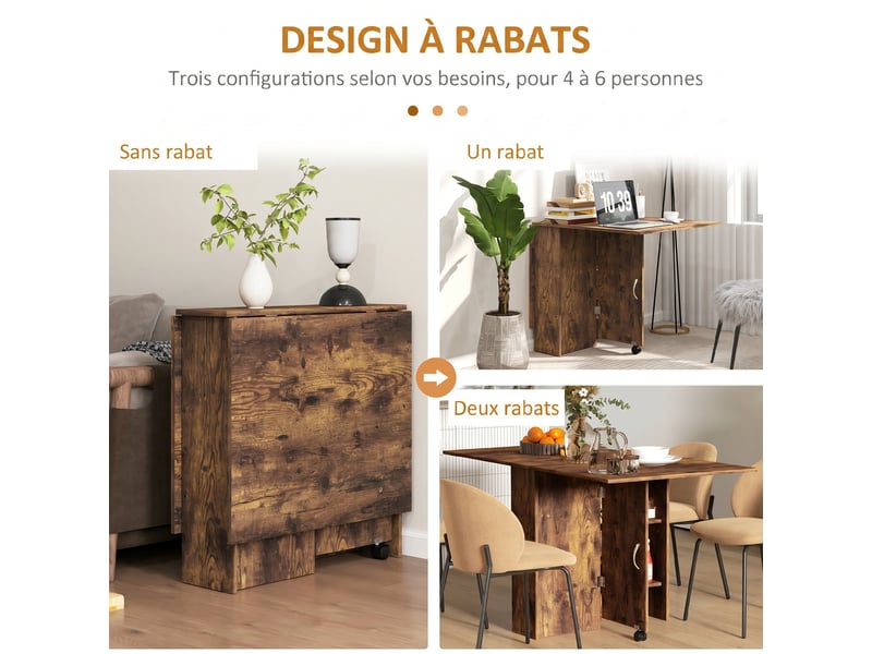 Table à manger pliante mobile sur roulettes, 2 plateaux rabattables, 2 étagères intégrées, 140x80x74cm, brun rustique - Conforama D