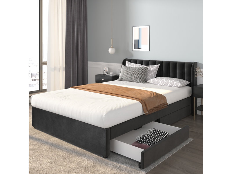  Lit rembourré tcqpz 140 x 200 cm en velours avec sommier, 2 tiroirs, noir  - Conforama D