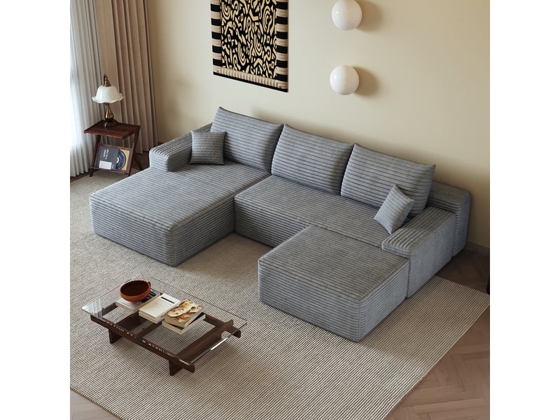  Canapé modulaire à assise profonde sans outil - lpospi - mousse haute élasticité, tissu côtelé gris  - Conforama B