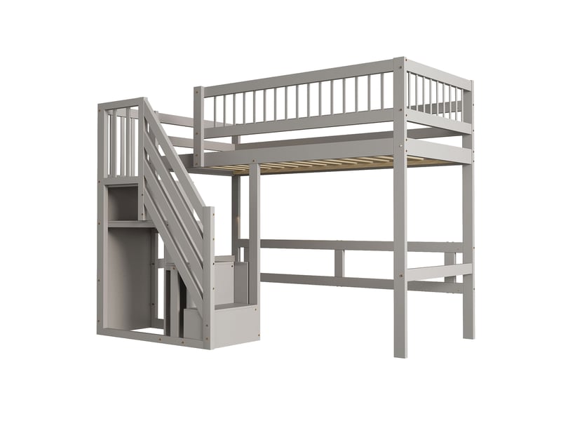  Lit mezzanine 90x200 cm, lit enfant avec escalier à rangement, en bois, gris, sans matelas  - Conforama E