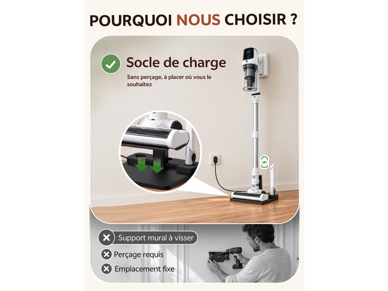 Vactidy blitz v18 - aspirateur balai sans fi-l70 kpa, 450 w, autonomie jusqu’à 70 min, bac 1 l, écran led, batterie amovible, tube télescopique, brosse anti-enchevêtrement autoportante avec éclairage vert  - Conforama C