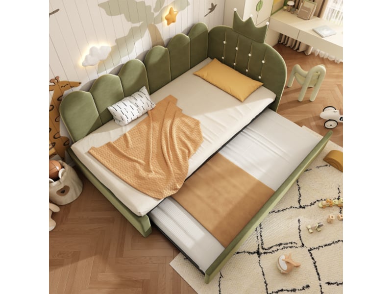 Canapé-lit velours vert 90x200 cm, lit escamotable 90x190 cm, forme en l, grille couronne, gain de place  - Conforama B