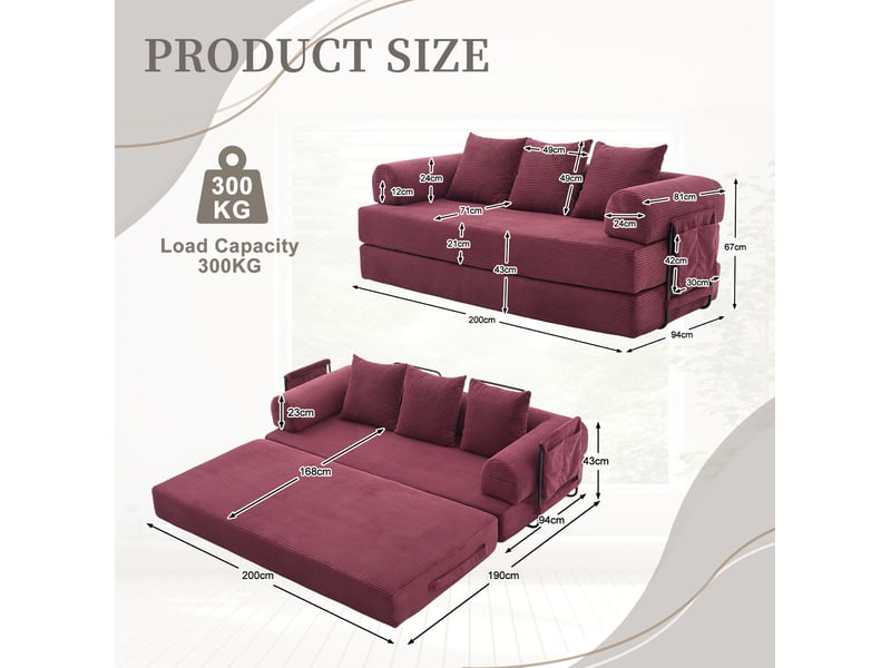 Canapé modulable 3 places en velours côtelé rouge bordeaux avec 3 coussins - Conforama C