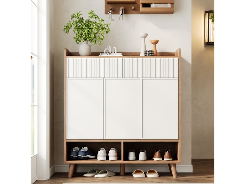  Meuble à chaussures, 3 portes, 2 tiroirs, étagères réglables, 90x35x100 cm, bois blanc et naturel  - Conforama W
