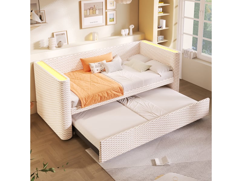  Lit de jour extensible et canapé lit en velours beige, lit gigogne 90x200 à 180x200 avec led  - Conforama B
