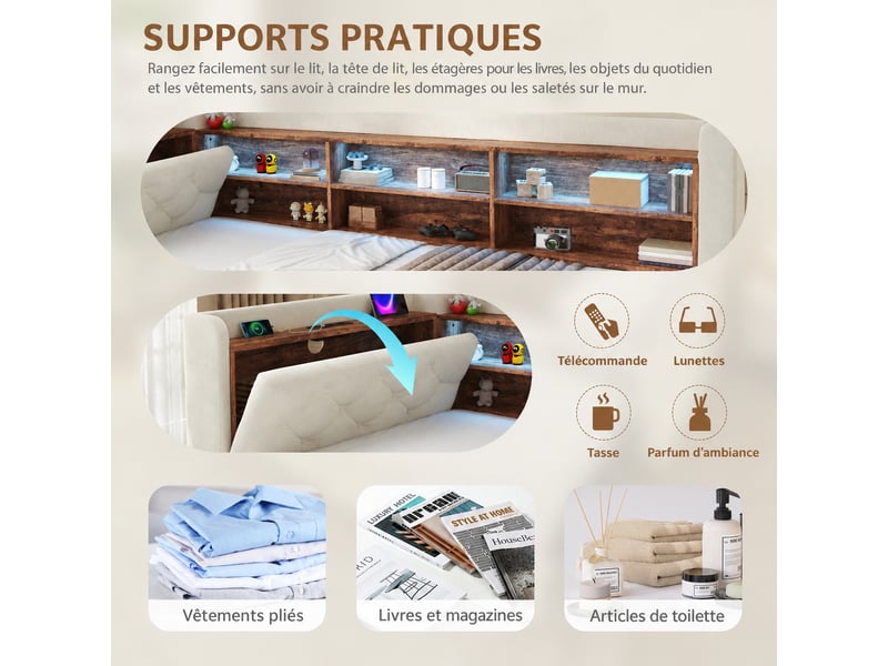  Canapé convertible 90 x 190 cm extensible en velours beige - rangement, led et ports usbusb-c  - Conforama E