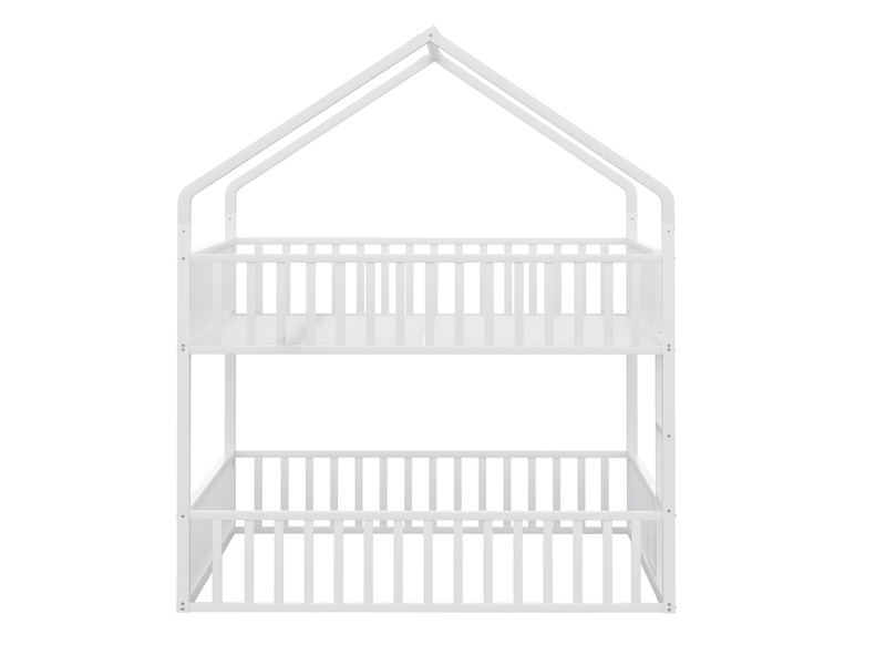  Lit superposé enfant 200×140 cm en forme de maison, avec porte ouvrante, échelle et barrières, en métal blanc  - Conforama E