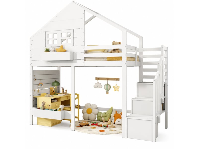  Lit superposé enfant 90x200 cm en bois avec escalier de rangement et fenêtre, blanc  - Conforama A