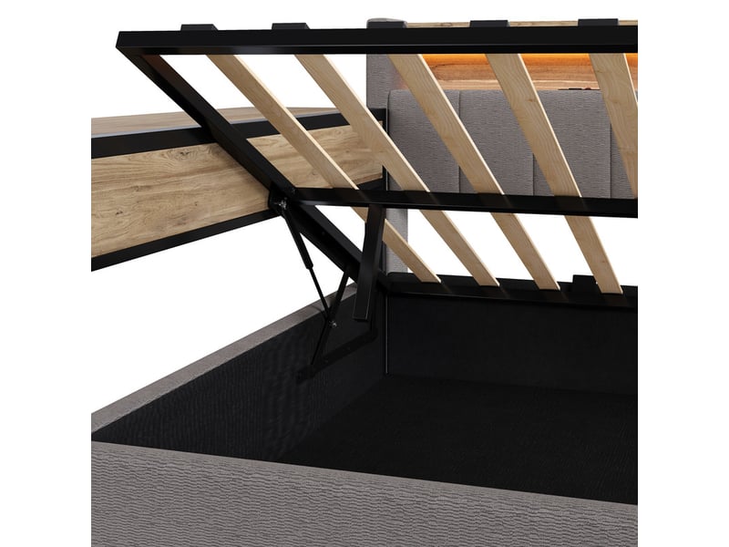 Lit enfant 140x200cm , coffre hydraulique, led, tablette rabattable, tables de chevet, port usb, sans matelas,velours gris - Conforama E
