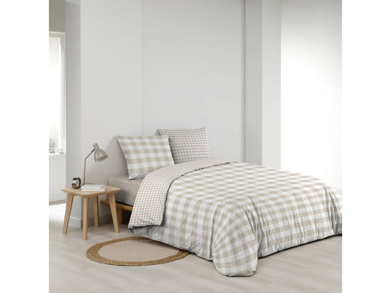  Parure de lit 240 x 220 cm 100% coton victoire naturel + drap housse 140 x 190 cm blanc  - Conforama C