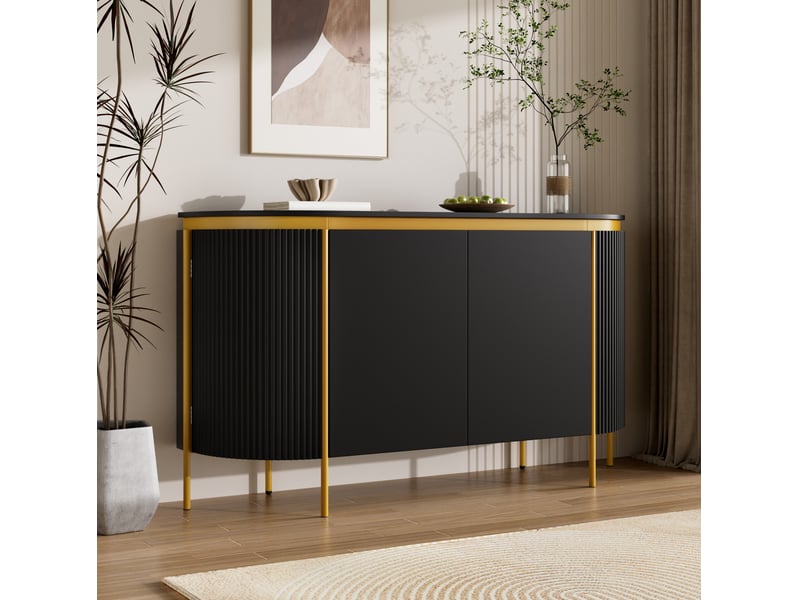  Buffet bas 140x38x80 cm ovale avec 4 portes sans poignées mdf couleur noir, design élégant, pieds en fer, forme ovale  - Conforama E