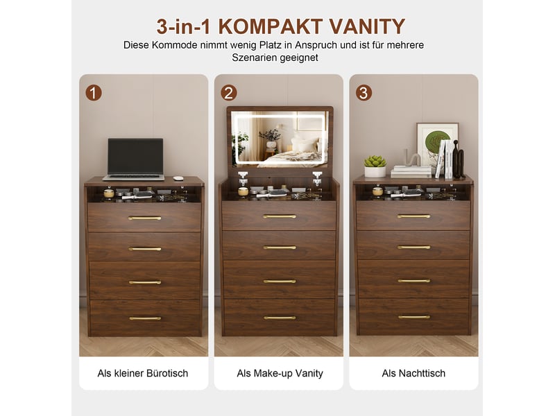  Coiffeuse d'angle 3 en 1 avec miroir 60x40x118 cm, meuble de chambre, 3 tiroirs, plateau en verre, mdf, couleur noyer  - Conforama E