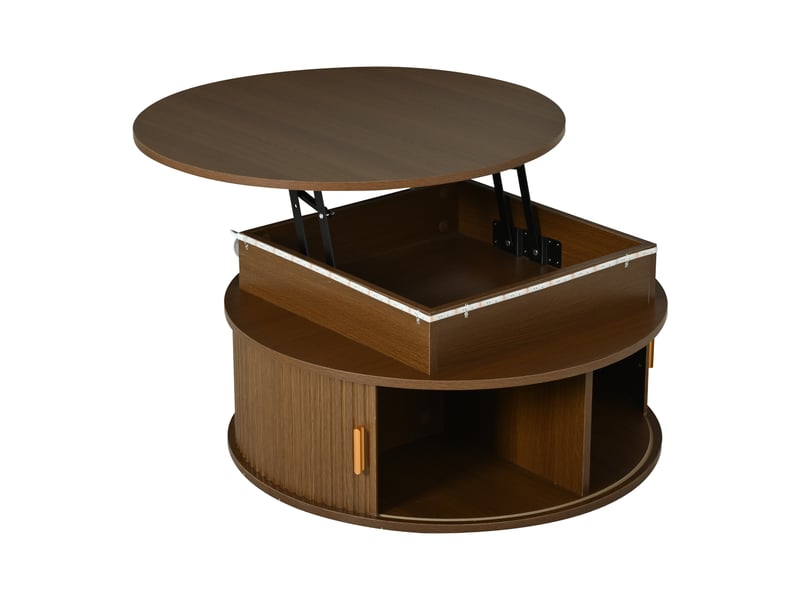  Table basse à plateau relevable, noyer, 75 x 75 x 52 cm, ronde, 2 portes coulissantes et rangement caché  - Conforama D
