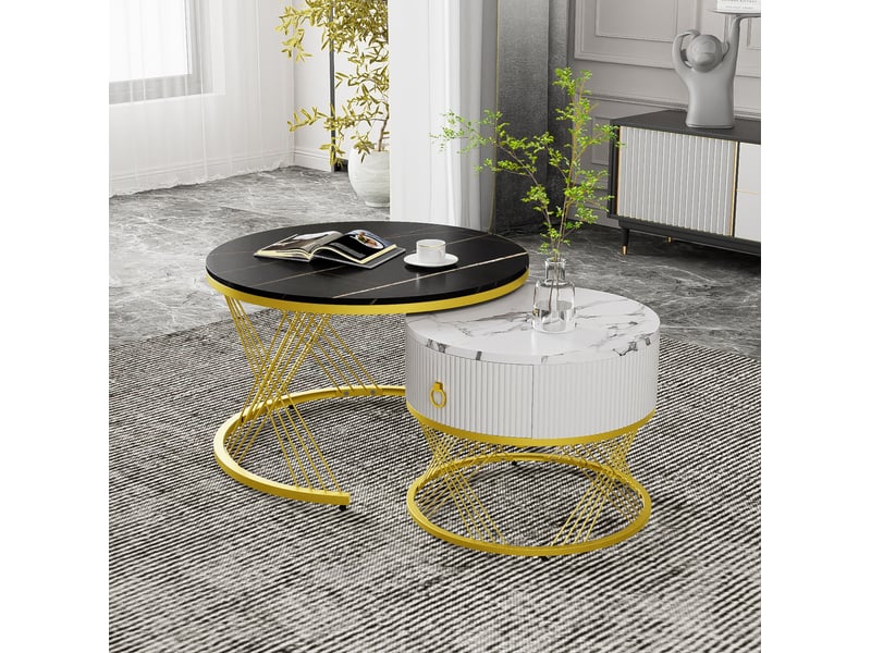  Lot de 2 tables basses gigognes avec tiroir – effet marbre noir, blanc et doré – 70 et 50 cm  - Conforama C